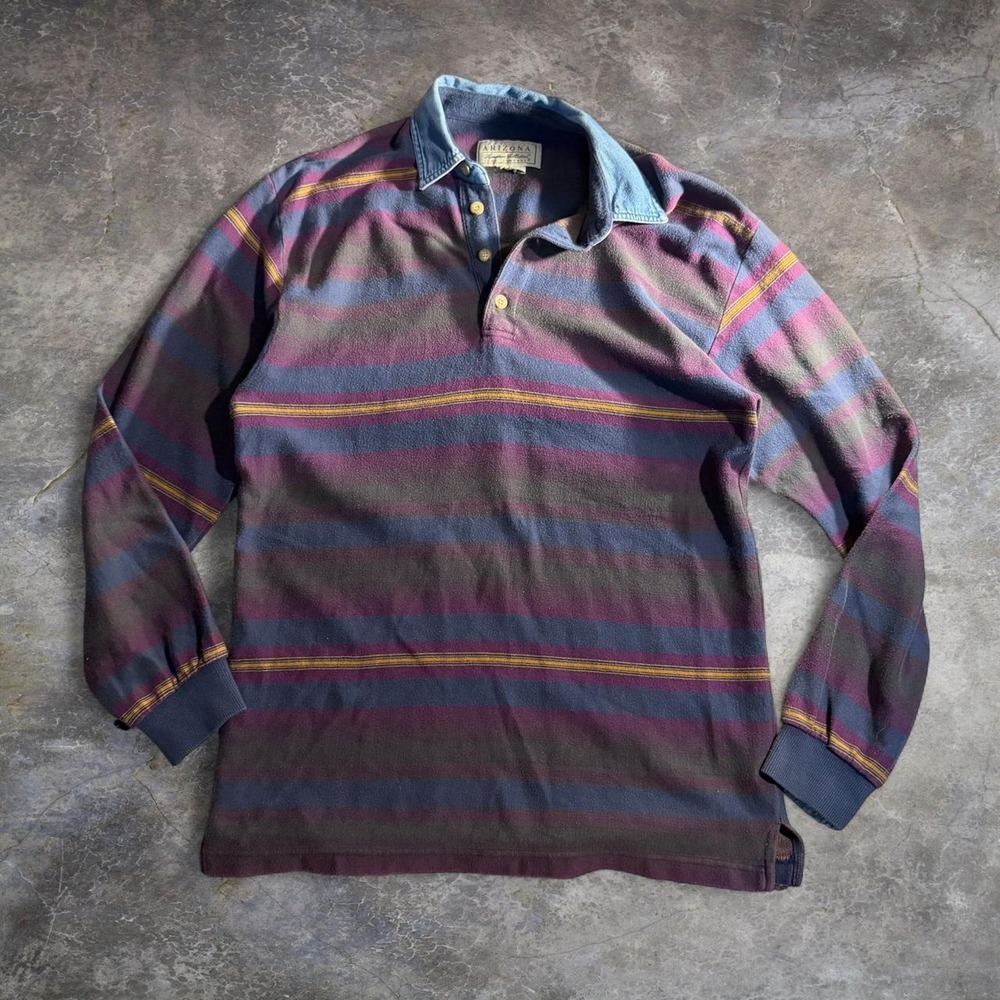 Arizona Jean Company Mens Long Sleeve Striped Polo Shirt Purple Blue Yellow Fair